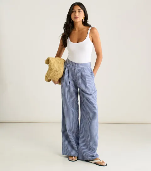 Women's Blue Striped Wide Leg Pleat Front Trousers