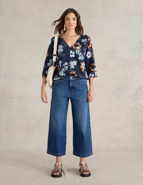 White Stuff Mid Rise Wide Leg Cropped Jeans Dark Denim