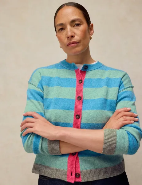 White Stuff Wool Blend Striped Crew Neck Cardigan Blue Mix