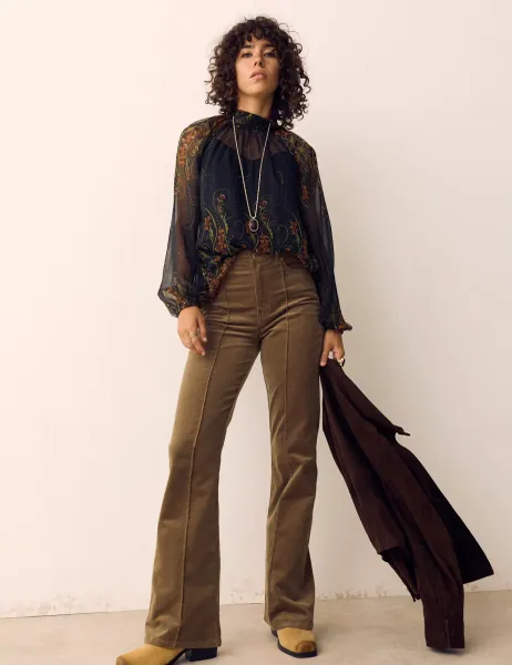 Per Una Cotton Rich Pintuck Flared Corduroy Trousers Olive