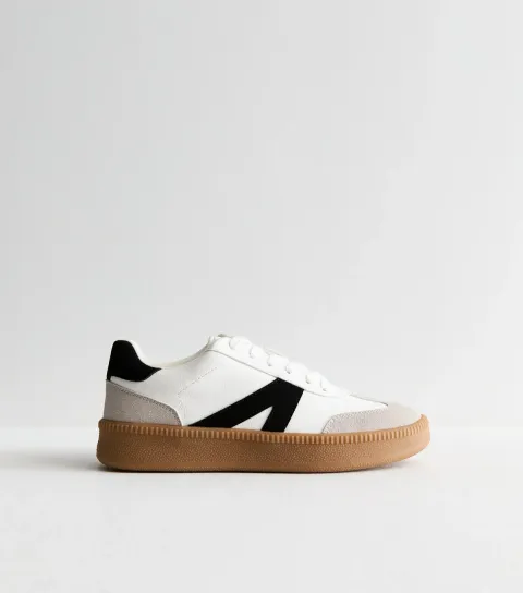 Women's White Contrast Panel Faux Leather Trainers