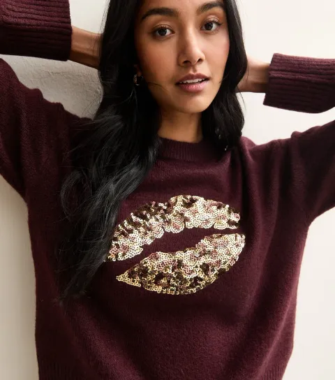 Women's Dark Red Sequin Lips Crew Neck Jumper