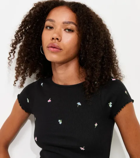 Women's Black Cotton Rich Floral Embroidered Short Sleeve Babylock T-Shirt