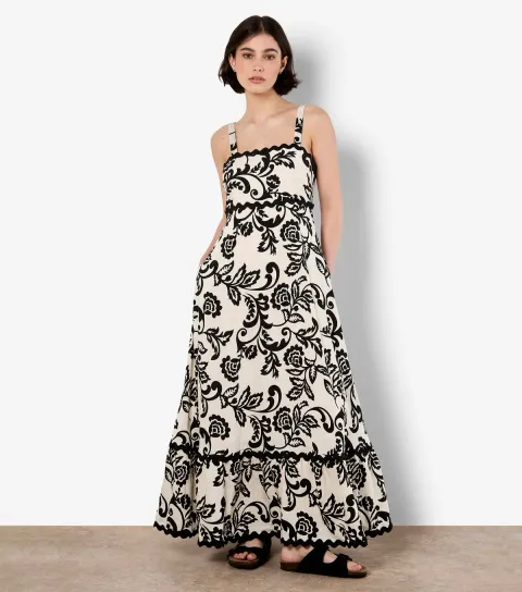 Women's Cream Floral Square Neck Maxi Dress