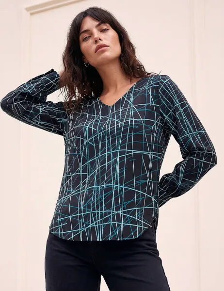 Roman Printed V Neck Top Teal Mix