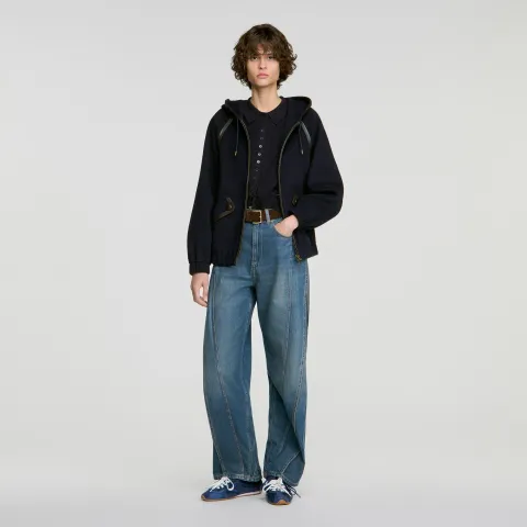 Hooded wool and leather coat