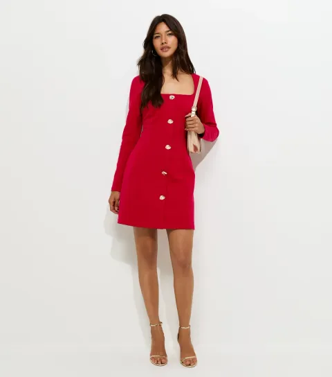 Women's Bright Red Square Neck Long Sleeve Mini Dress