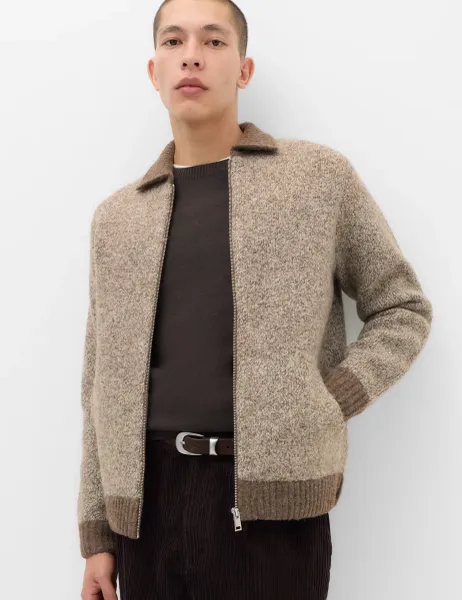 Marks & Spencer Twist Knit Zip Through Jumper with Wool Neutral
