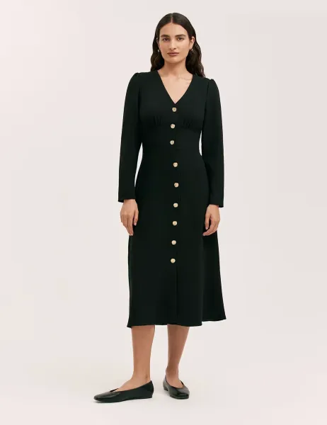 Finery London Crepe V-Neck Midi Waisted Dress Black