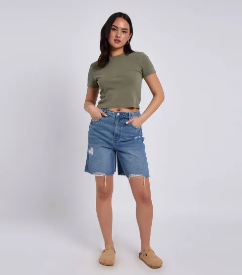 Women's Blue Distressed Bermuda Denim Shorts