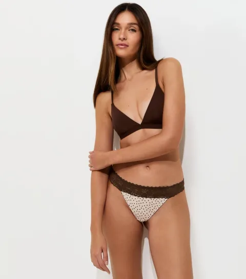 Women's Dark Brown Polka Dot Microfibre Lace Top Thong