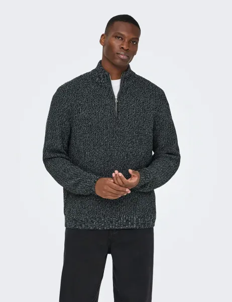 Only & Sons Textured Funnel Neck Half Zip Jumper Black