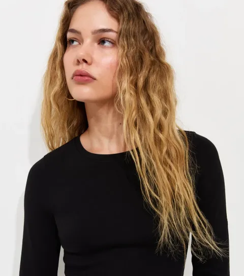 Women's Black Cotton Rich Long Sleeve Baby Tee T-Shirt