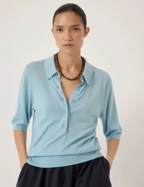 HUSH Wool Blend Polo Neck Knitted Top Light Blue