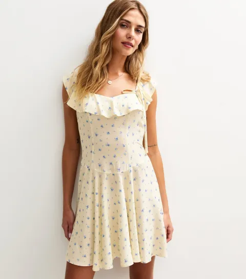 Women's Cream Ditsy Print Ruffle Front Side Bow Mini Dress
