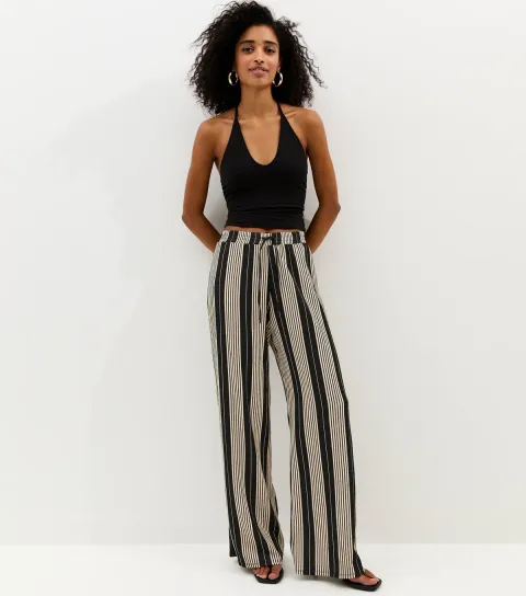 Women's Black Striped Wide Leg Trousers