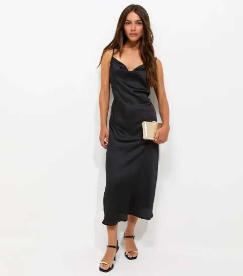 Women's Petite Black Satin Cowl Neck Strappy Midi Dress