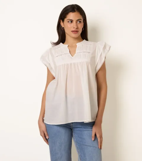 Women's Off White Cotton Ruched Top