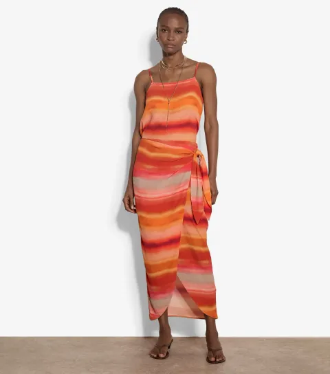 Women's Orange Watercolour Stripe Wrap Midi Skirt