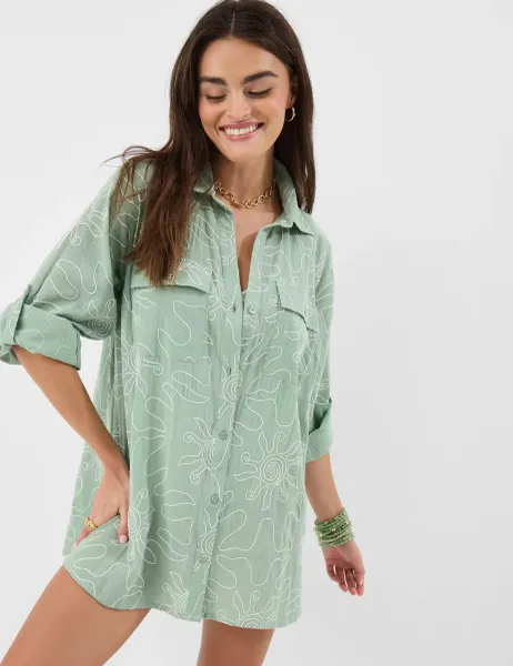 Accessorize Pure Cotton Embroidered Beach Shirt Green
