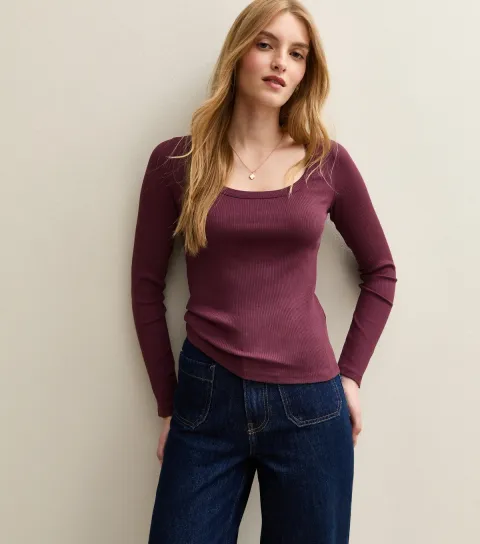 Women's Purple Scoop Neck Long Sleeve Ribbed Top