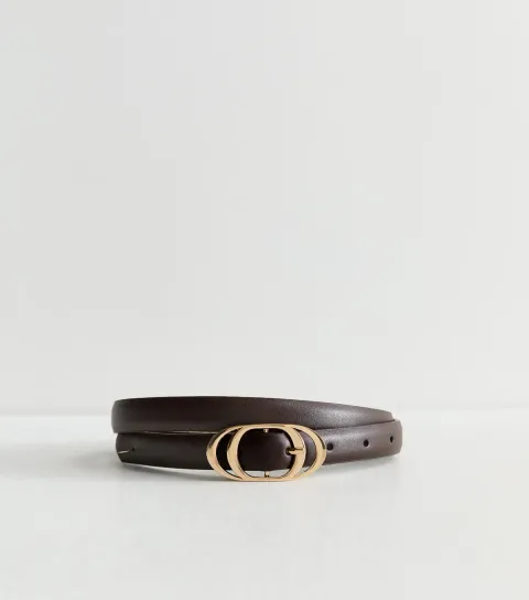 Dark Brown Faux Leather Oval Buckle Skinny Belt