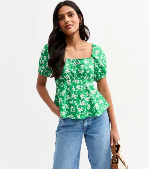 Women's Green Floral Print Peplum Top