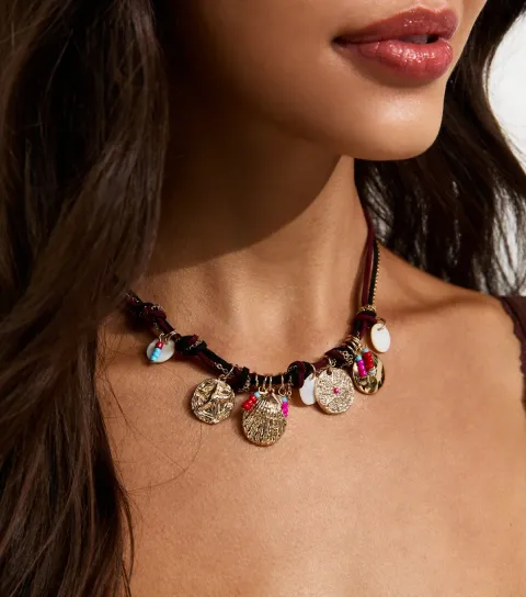 Dark Burgundy Rope and Chain Charm Necklace