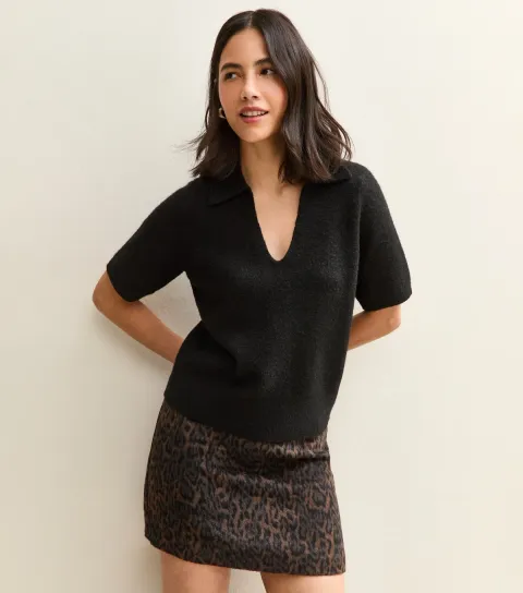 Women's Black Open Collar Knit Top