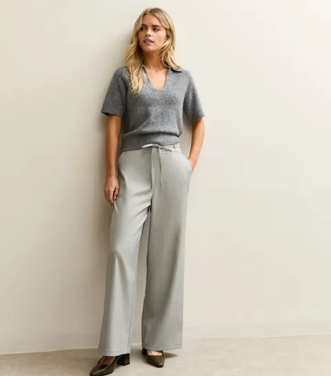 Women's Petite Grey Tie Waist Wide Leg Trouser