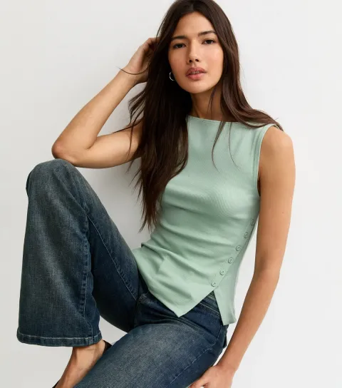Women's Light Green Asymmetric Hem Button Side Vest Top