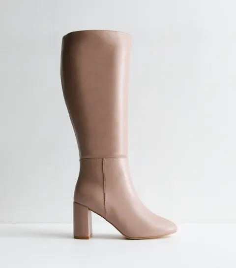 Women's Wide Fit Brown Block Heel Knee High Boots Vegan