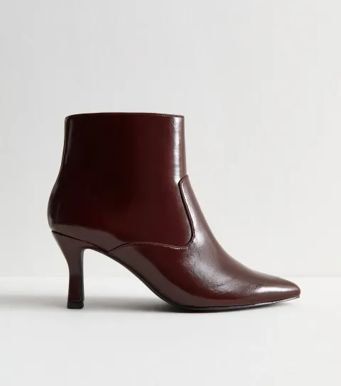 Women's Wide Fit Dark Burgundy Faux Leather Pointed Toe Stiletto Heel Ankle Boots Vegan