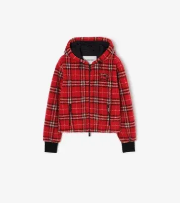 Cropped Check Fleece Hooded Jacket in Crayon red