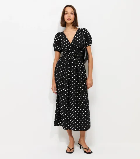 Women's Black Spot Print Ruched Waist V-Neck Midi Dress