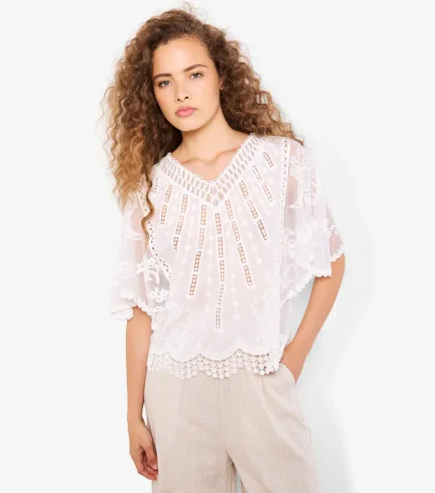 Women's White Cotton Embroidered V-Neck Blouse