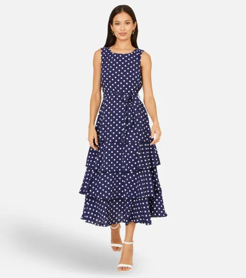 Women's Navy Spot Print Tiered Midi Dress