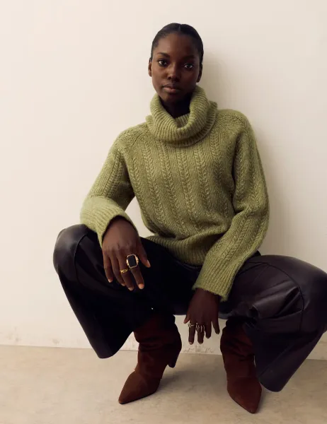 Per Una Pointelle Roll Neck Jumper with Wool Sage