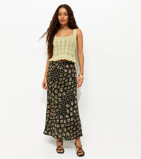 Women's Petite Black Floral Print Bias Cut Midi Skirt