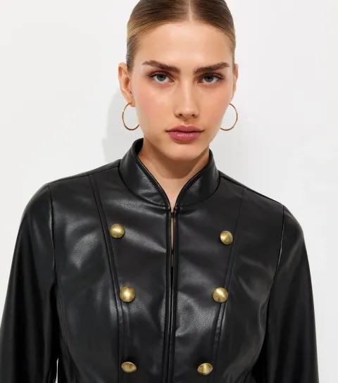 Women's Black Faux Leather Button Detail Fitted Jacket