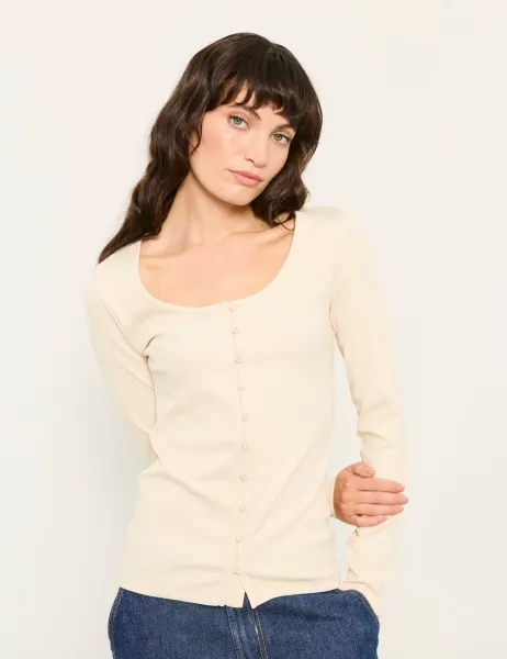 Cotton Rich Ribbed Scoop Neck Top Ecru