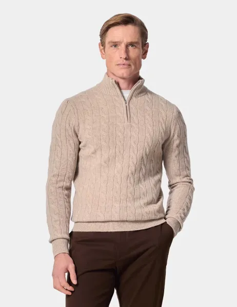 Hawes & Curtis Pure Wool Cable Knit Half Zip Jumper Beige