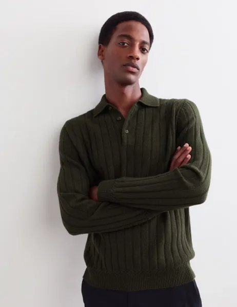 Jaeger Cashmere Rich Textured Polo Shirt Dark Khaki