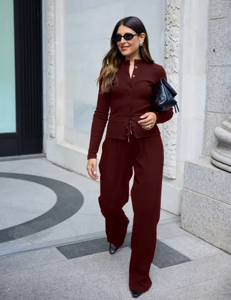 Cotton Rich Ribbed Crew Neck Fitted Cardigan Burgundy