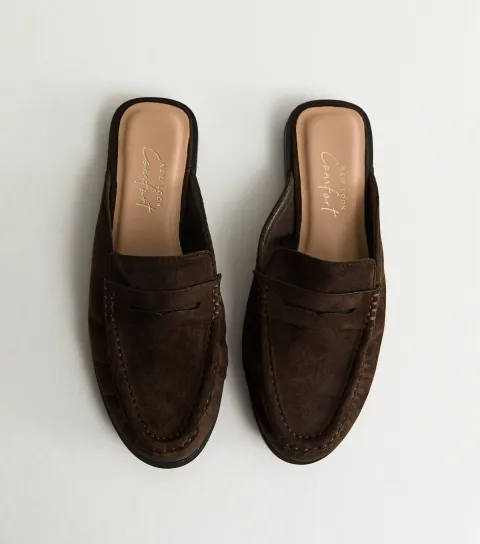 Women's Mid Brown Faux Suede Open Back Mule Loafers Vegan
