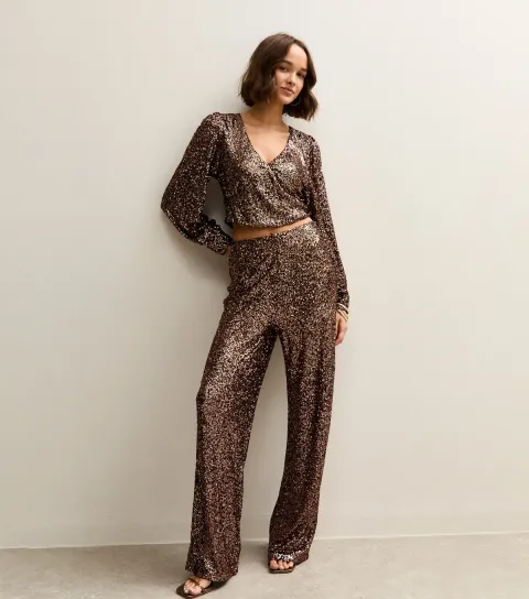 Women's Mid Brown Sequin Wide Leg Trousers