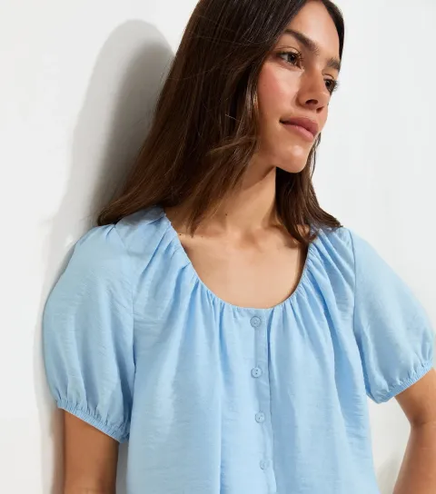 Women's Petite Light Blue Button Drawstring Bubble Top