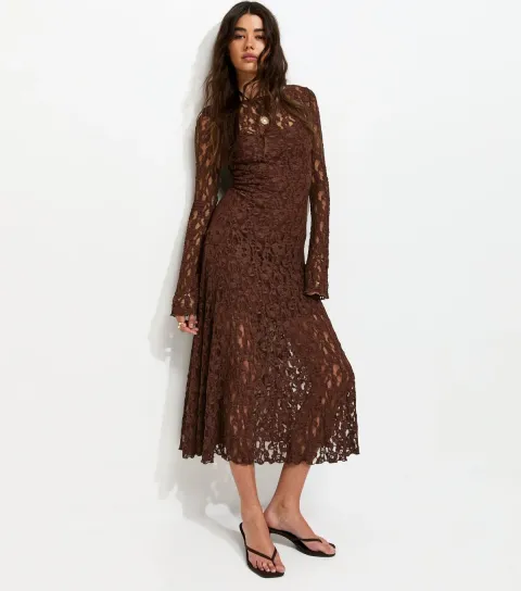 Women's Dark Brown Lace Long Sleeve Midi Dress