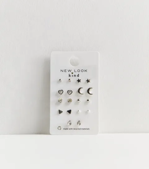 9 Pack Silver Mixed Stud Earrings