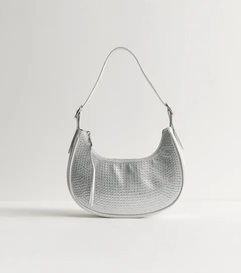 Silver Faux Leather Gem Embellished Curved Shoulder Bag